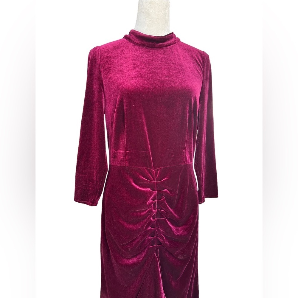 Eliza J midi ruched high collar open back burgundy velvet dress - Picture 2 of 8